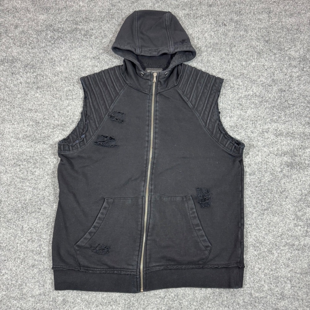 INC International Concepts Distressed Moto Vest Men Large Black Cotton EUC
